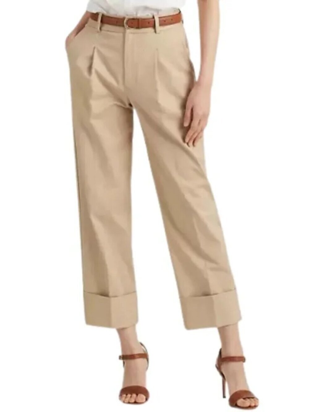 NWT Lauren Ralph Lauren Double-Faced Stretch Cotton Ankle Pants in Tan S…